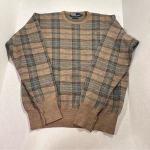 Vintage Polo Ralph Lauren green & tan plaid wool crewneck Sweater tagged L
